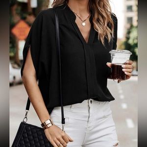 Boho black notched neck blouse